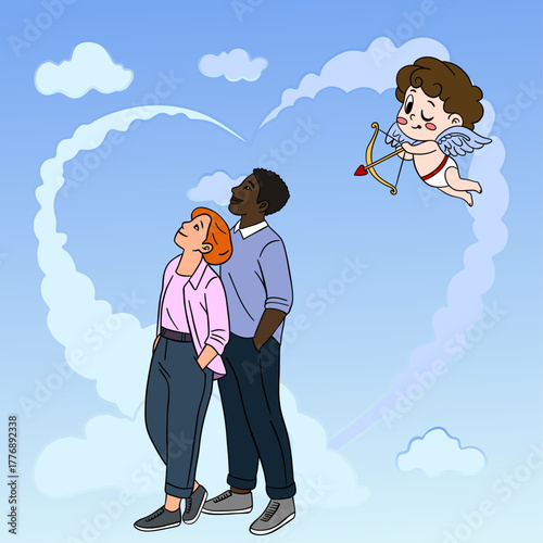 Hand-drawn illustration of two lovers falling in love with cute cupids in the clouds. Romantic and dreamy Valentine’s Day