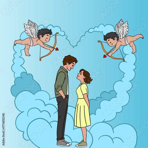 Hand-drawn illustration of two lovers falling in love with cute cupids in the clouds. Romantic and dreamy Valentine’s Day
