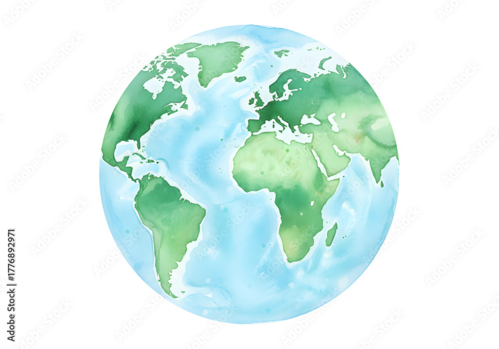 Fototapeta premium Earthly Embrace: An illustration of our planet, showcasing a tranquil, watercolor-inspired rendering of continents and oceans, inviting a sense of wonder and connection.