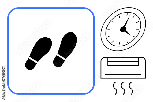 Footprints indicating movement, analog clock tracking time, and HVAC unit suggesting temperature regulation. Ideal for time management, comfort, energy efficiency, scheduling, workplace, routine
