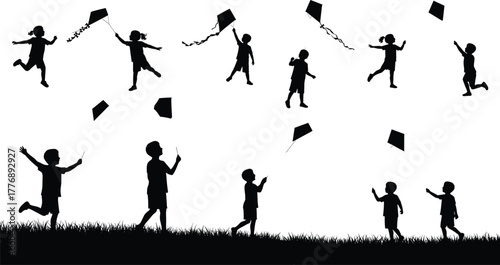 Children flying kites, silhouette kids playing, outdoor fun, black and white illustration, childhood joy, grassy field, sky activity, happy moment