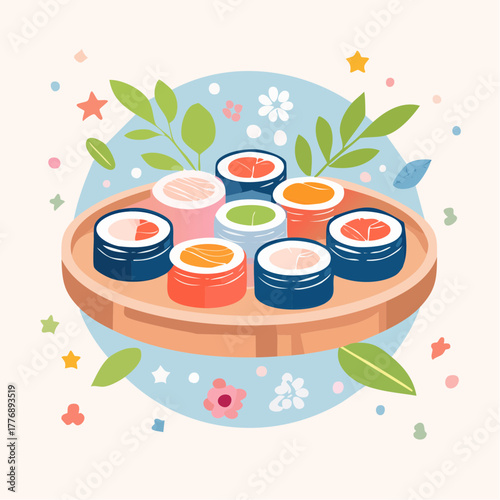 Illustration of assorted sushi rolls arranged on a wooden platter surrounded by decorative leaves and pastel floral elements on a light blue circular background