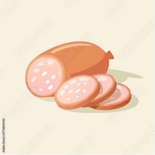 A whole sausage and several sliced pieces on a neutral background in a cartoonish art style