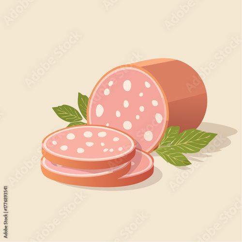 Whole and Sliced Bologna Sausage with Green Herb Garnish on Light Background
