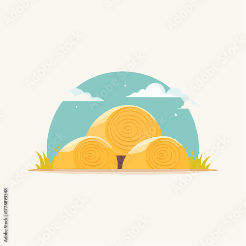 Golden Hay Bales Stacked in a Field Under a Cloudy Sky with Green Grass and Yellow Blades