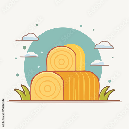 Golden Hay Bales Stacked Artistically Under A Soft Teal Sky With Fluffy White Clouds And Green Grass In A Rustic Farm Landscape