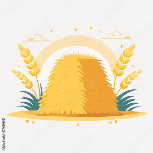 Golden Haystack Surrounded By Wheat Stalks Under A Gentle Arc And Scattered Clouds With Warm Sunlight Effect