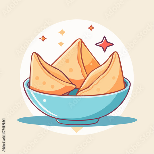 Pixel Art Bowl Filled With Golden Samosas and Sparkling Accents