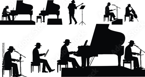 Musicians silhouette, piano player, cello artist, guitar performer, microphone singer, seated musician, black and white illustration, music stand, artistic pose