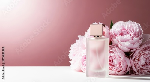 Fototapeta Naklejka Na Ścianę i Meble -  Elegant perfume bottle with pink liquid, surrounded by delicate pink peonies on a pink background mockup cosmetic