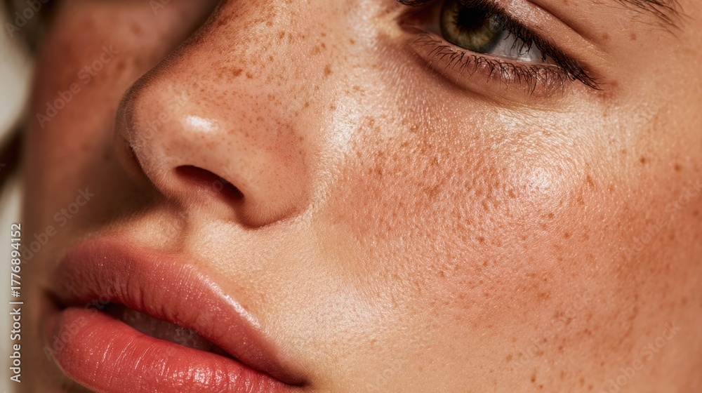 Fototapeta premium A young woman displays her unique freckles and radiant skin in soft warm light capturing natural beauty.