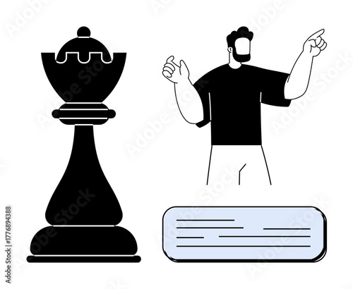 Man gesturing near chess piece and book, representing strategy, leadership, planning, education, problem-solving, decision-making, innovation. Ideal for corporate educational analytical conceptual