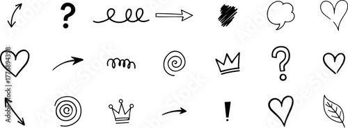 Collection of hand drawn doodle icons including arrows, question marks, hearts, crowns, scribbles, speech bubbles, exclamation marks, spirals, and leaves, isolated on transparent background