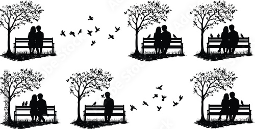 Silhouette, couple, bench, tree, park, birds, sitting, nature, outdoor, love, solitude, peaceful, black, art, relaxing, tranquil, relationship, flying, mood, minimal