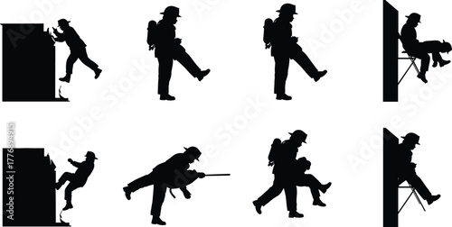 Silhouette, soldier, backpack, climbing, walking, sitting, rifle, tactical, military, action, black, wall, pose, motion, outdoor, gear, training, combat, adventure, stance