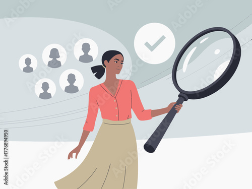 The image shows a woman examining profiles through a magnifying glass, embodying investigation and the pursuit of clarity in personal and professional connections.