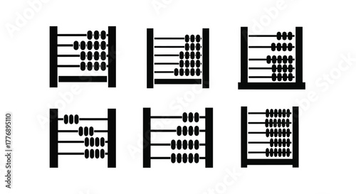 Simple black and white illustrations of vintage abacuses displayed in a grid