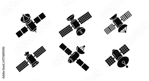 A collection of various satellite icons in a simple black and white style