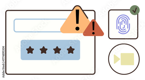 Password with warning triangles, fingerprint authentication, and video checkmark highlight digital security. Ideal for privacy, cyber protection, login systems, data safety, encryption