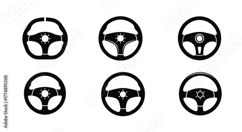 Collection of six black and white steering wheel icons displayed neatly