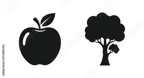 Simple black and white illustration of an apple and a leafy tree