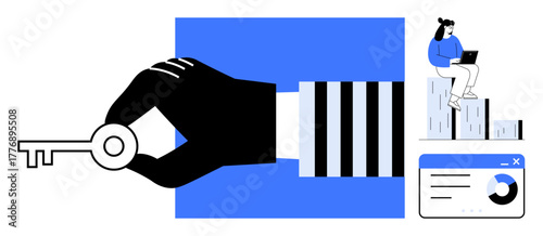 Hand holding key near bar chart, seated woman working on laptop, and analytics window. Ideal for success, leadership, growth, data, solutions innovation achievement. Bold simple flat metaphor