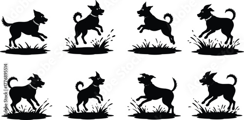 Dog silhouette, playful puppy, jumping dog, running pet, black dog, grass patch, energetic animal, outdoor motion, canine activity, vector art