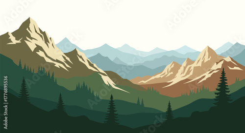 Stylized mountain landscape with layered peaks and evergreen forest details