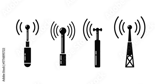 Various black silhouettes of wireless communication towers and signal icons