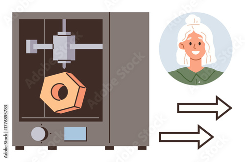 3D printer crafting geometric shape with user illustration for personalization and customization options. Ideal for technology, innovation, design, manufacturing, prototyping, creativity, education