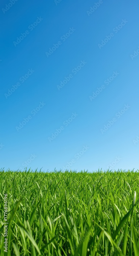 Fototapeta premium Bright green grass stretching under a clear blue sky, perfect high-resolution background for computers and mobile devices or aesthetic decor, background, sky, aesthetic