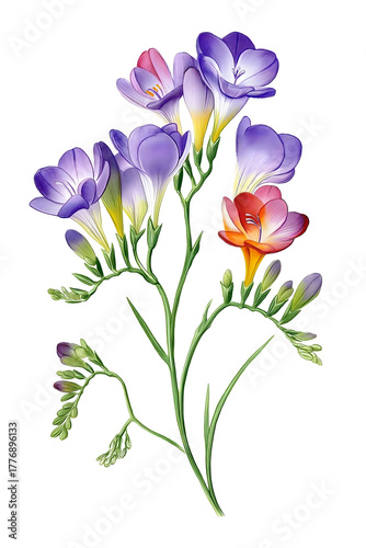 Elegant purple and orange freesia flowers bloom with delicate grace, perfect for spring and summer designs.