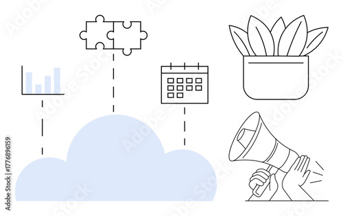 Cloud linked to graph, puzzle pieces, calendar, plant, and megaphone, symbolizing data sharing, collaboration, planning eco-awareness and communication. Ideal for technology teamwork environment