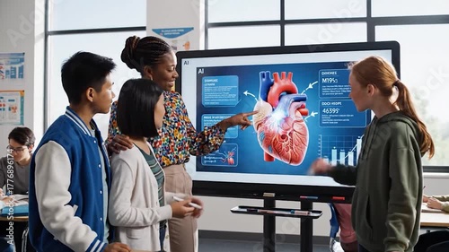 Diverse students and teacher learning human anatomy on interactive screen in bright classroom