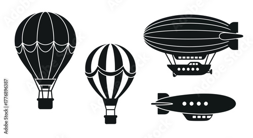 Vintage airships and hot air balloons in black and white design