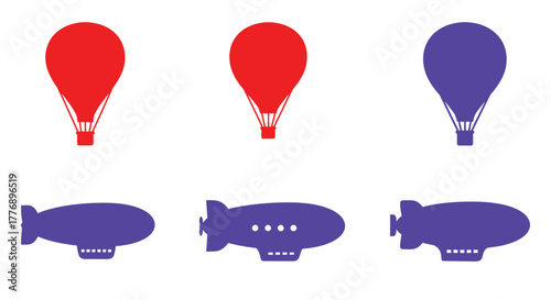 Simple illustration of vibrant hot air balloons and airships on white