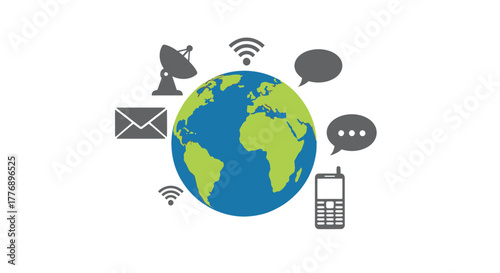 Global communication network with satellite mobile and internet connections illustrated
