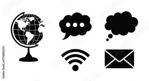 Global communication icons globe speech bubbles wifi and email symbols