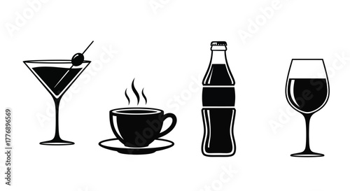 A collection of beverage icons including cocktails coffee soda and wine