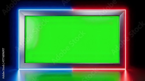 Green screen monitor framed by contrasting blue and red neon lights for presentation.