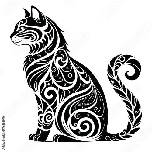 a cat in a tribal tattoo style, composed of elegant black swirling patterns