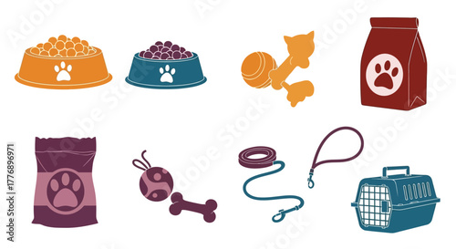 Pet supplies illustration featuring food toys and accessories for animals