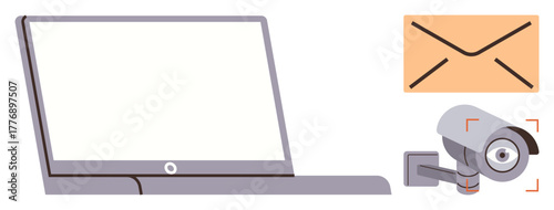 Laptop with blank screen, email envelope, and surveillance camera symbolize digital activity, messaging, and safety. Ideal for cybersecurity, communication, privacy, monitoring business technology