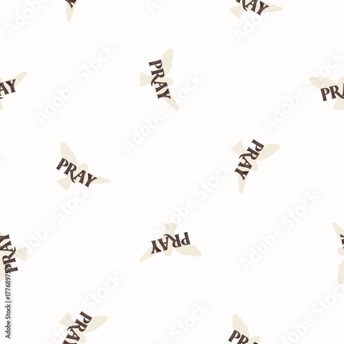 Christian holy dove hand drawn seamless vector pattern. Prayer text. Religious home decor background for sunday school bible study motif.