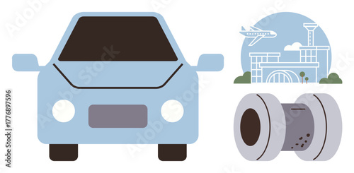 Car, airplane, airport terminal, and vehicle part highlighting travel, transport, machinery, and innovation. Ideal for transportation, travel technology industry engineering logistics mobility