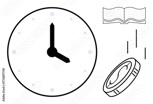 Clock with bold hands, falling coin, and open book symbolizing time management, monetary investment, and continuous learning. Ideal for time, finance, education, productivity planning strategy