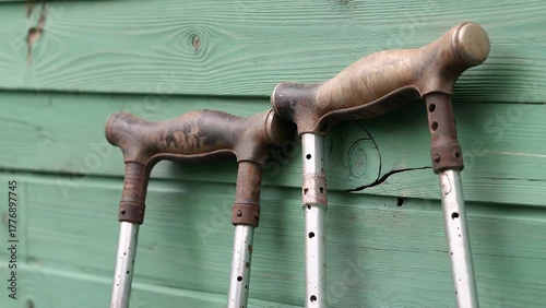 Detailed Close-Up Photograph of Aged Mobility Assistance Devices Positioned Against a Painted Timber