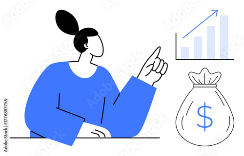 Woman with gesture pointing to upward bar chart and sack with dollar sign. Ideal for finance, business growth, savings, investments, success, strategy, entrepreneurship. Simple flat metaphor