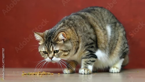 Domestic Feline with Excessive Body Mass Appearing to Search for a Meal in Front of a Solid Colored