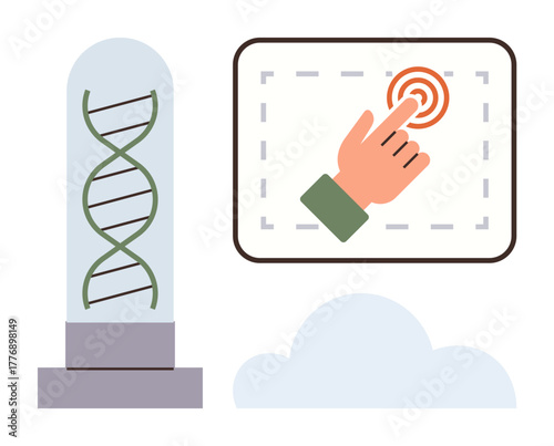 DNA double helix in a glass case next to a touchscreen with a hand interacting. Ideal for science, genetics, biotechnology, research, education, innovation, digital interaction. Simple flat metaphor